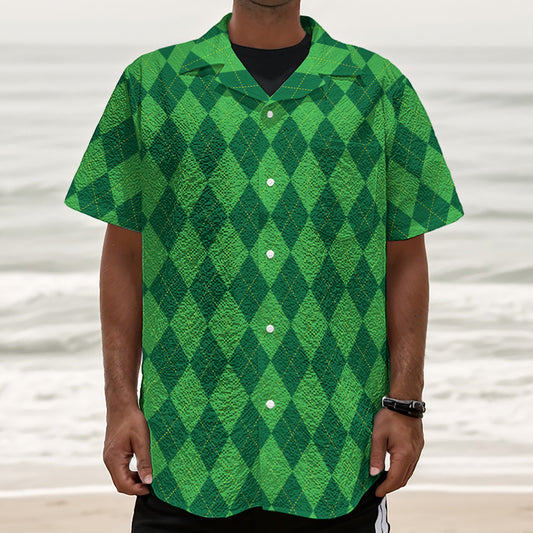 Green Argyle Pattern Print Textured Short Sleeve Shirt