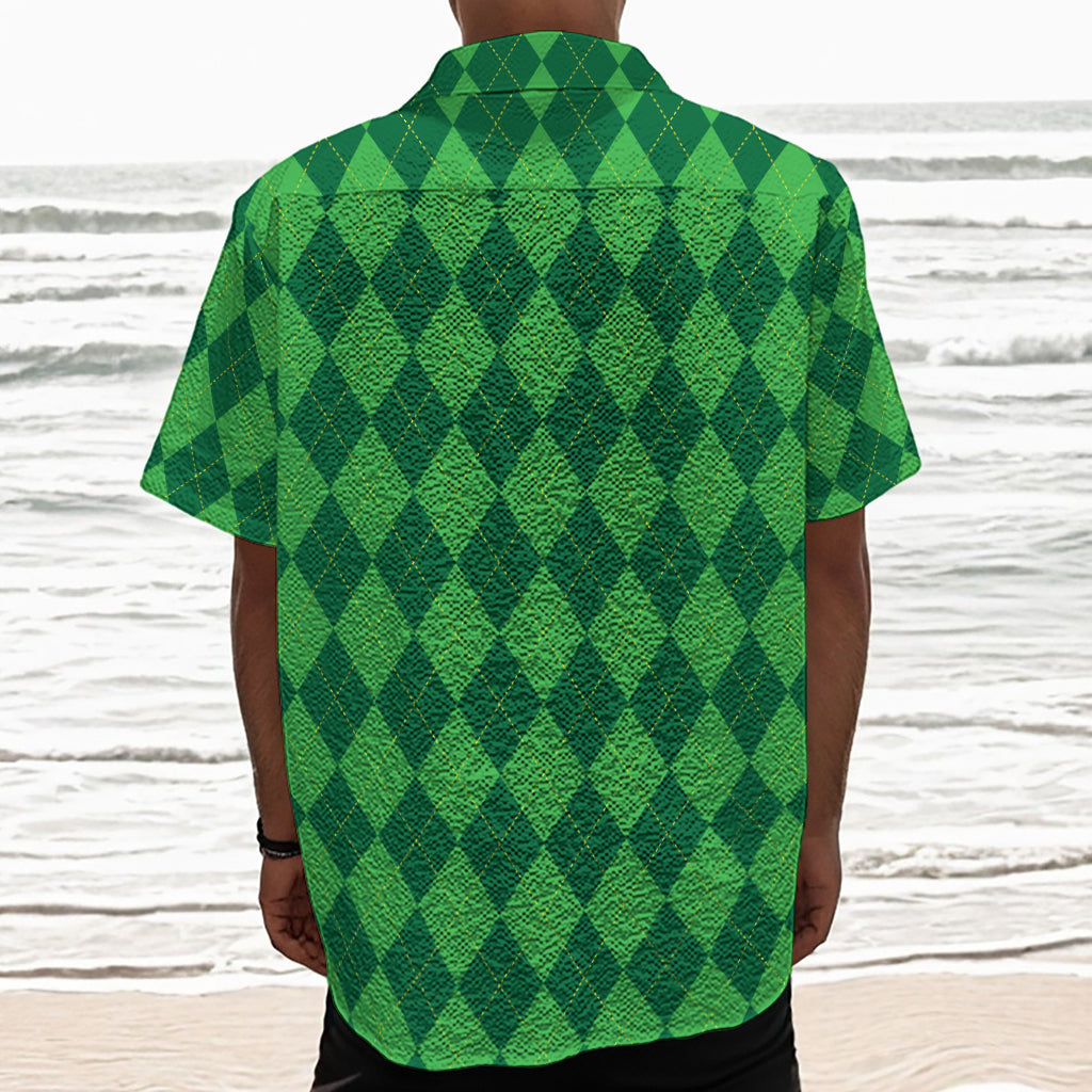 Green Argyle Pattern Print Textured Short Sleeve Shirt