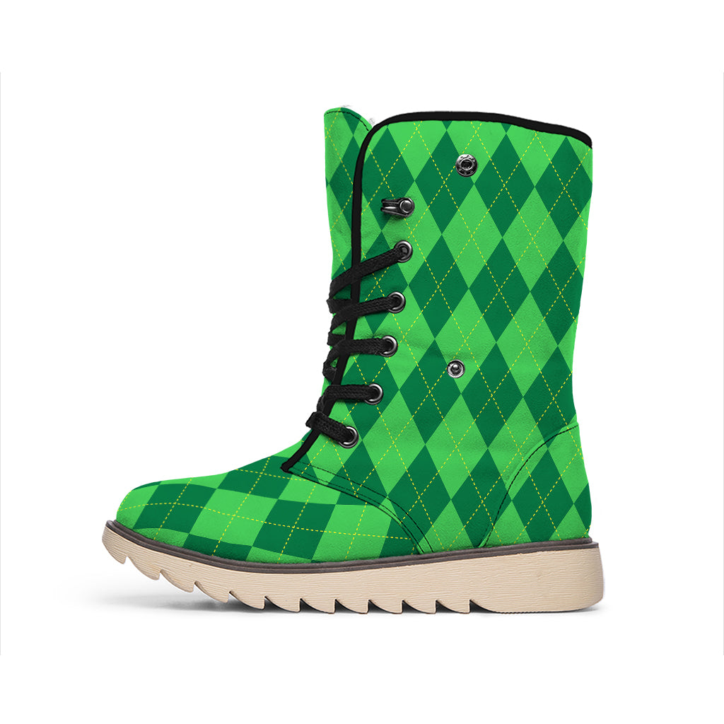 Green Argyle Pattern Print Winter Boots