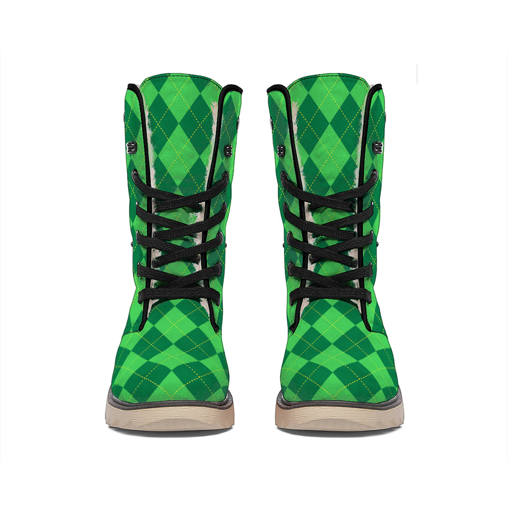 Green Argyle Pattern Print Winter Boots