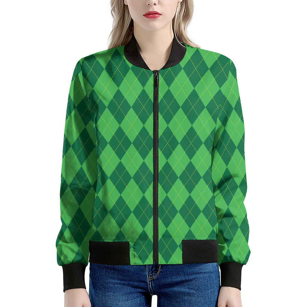 Green Argyle Pattern Print Women's Bomber Jacket