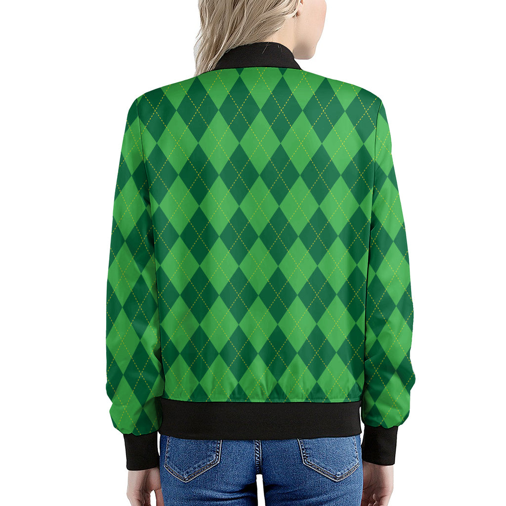 Green Argyle Pattern Print Women's Bomber Jacket