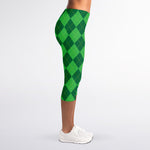 Green Argyle Pattern Print Women's Capri Leggings