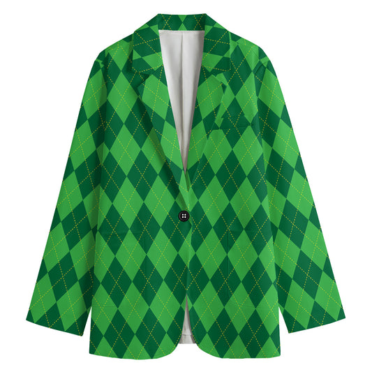 Green Argyle Pattern Print Women's Cotton Blazer