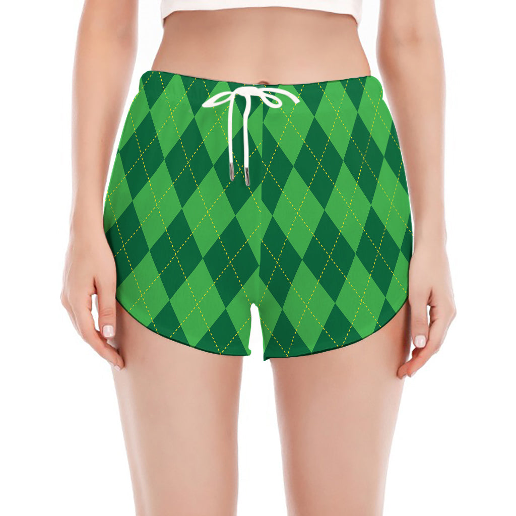 Green Argyle Pattern Print Women's Split Running Shorts
