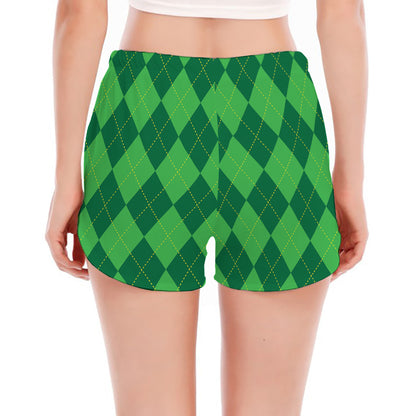 Green Argyle Pattern Print Women's Split Running Shorts