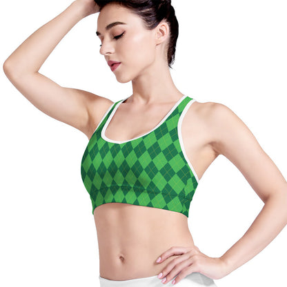 Green Argyle Pattern Print Women's Sports Bra