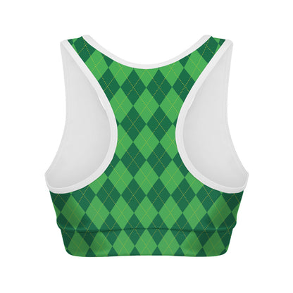 Green Argyle Pattern Print Women's Sports Bra