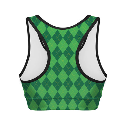 Green Argyle Pattern Print Women's Sports Bra