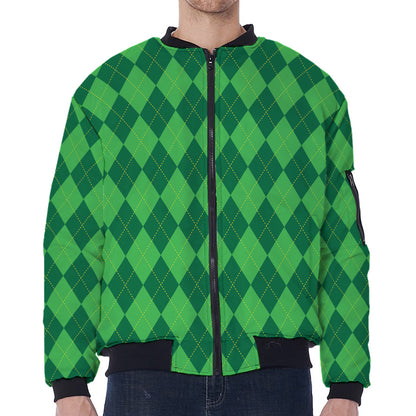 Green Argyle Pattern Print Zip Sleeve Bomber Jacket