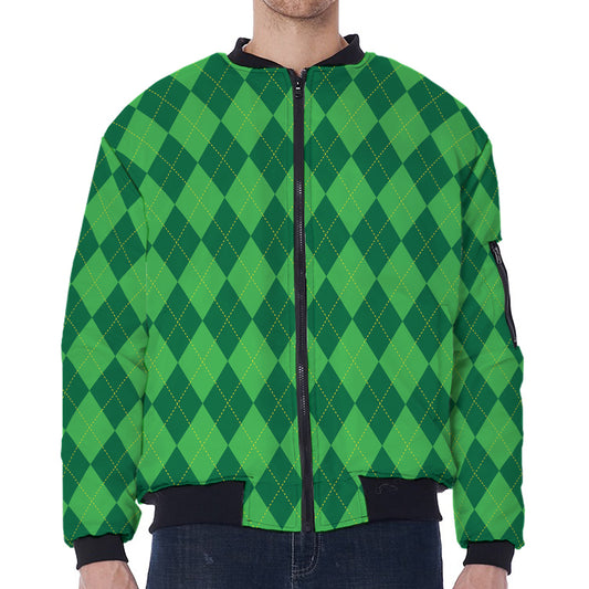 Green Argyle Pattern Print Zip Sleeve Bomber Jacket