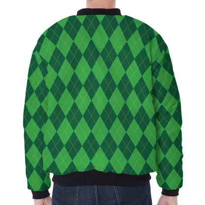 Green Argyle Pattern Print Zip Sleeve Bomber Jacket