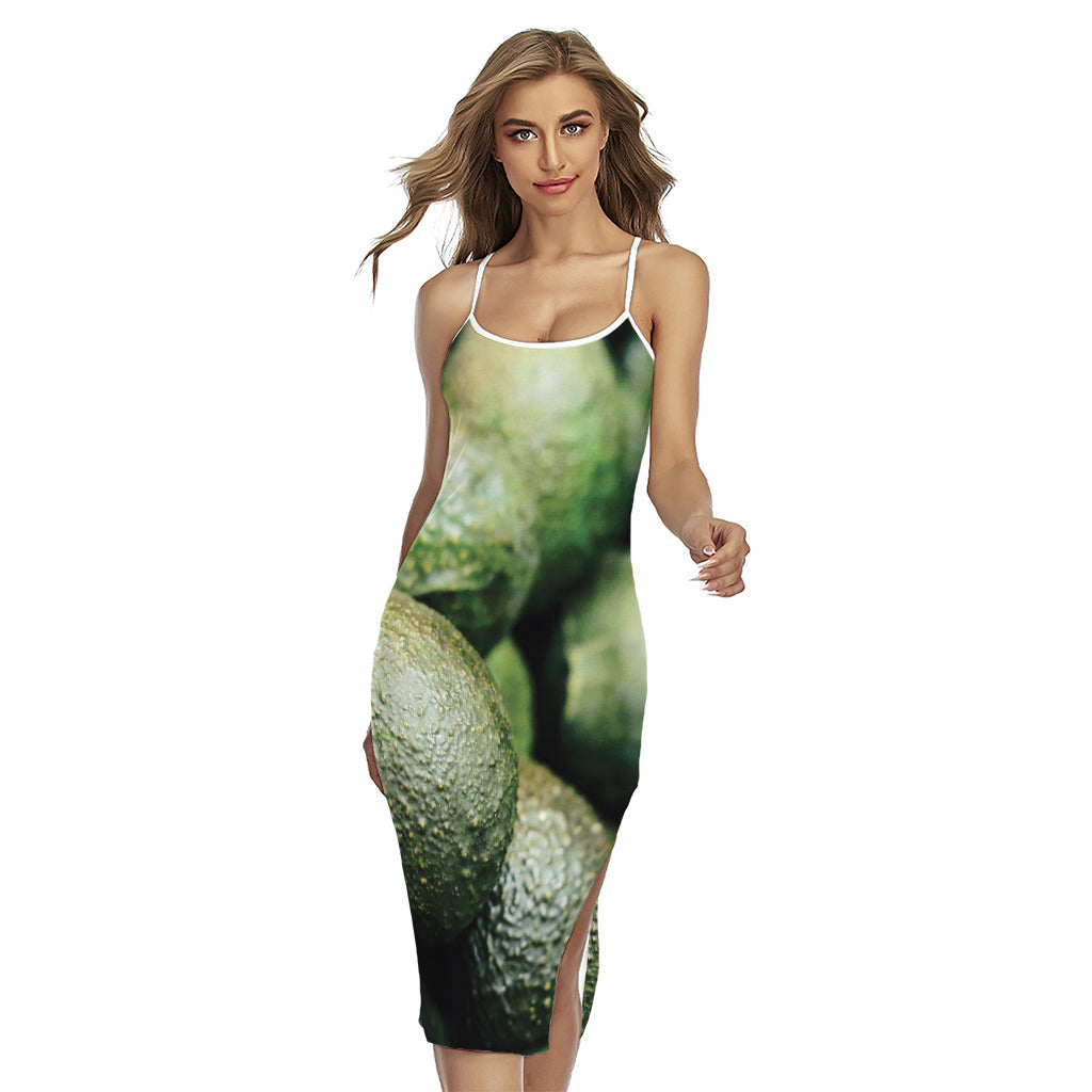 Green Avocado Print Cross Back Cami Dress