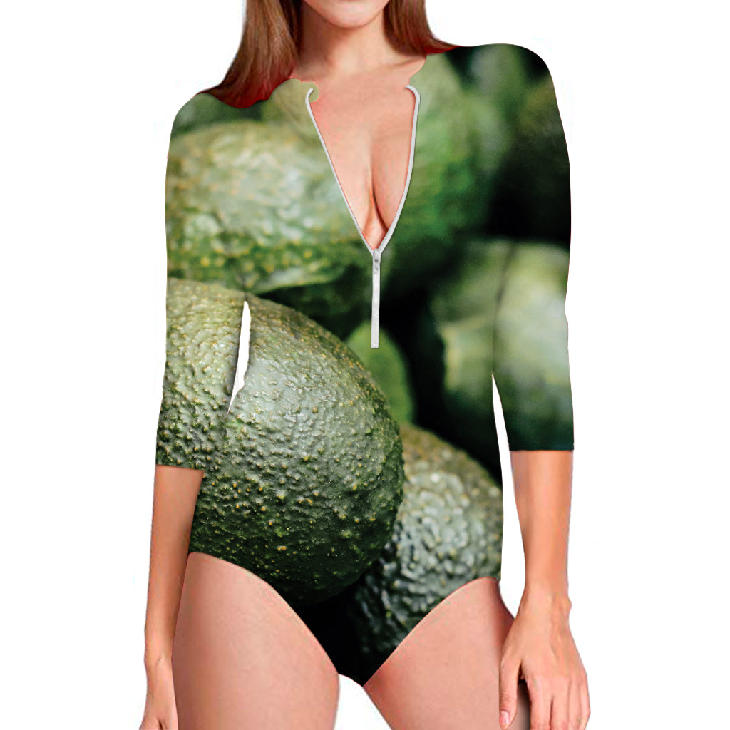 Green Avocado Print Long Sleeve Swimsuit