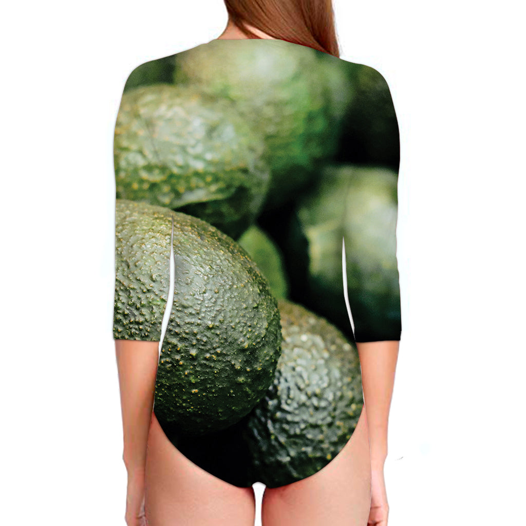 Green Avocado Print Long Sleeve Swimsuit