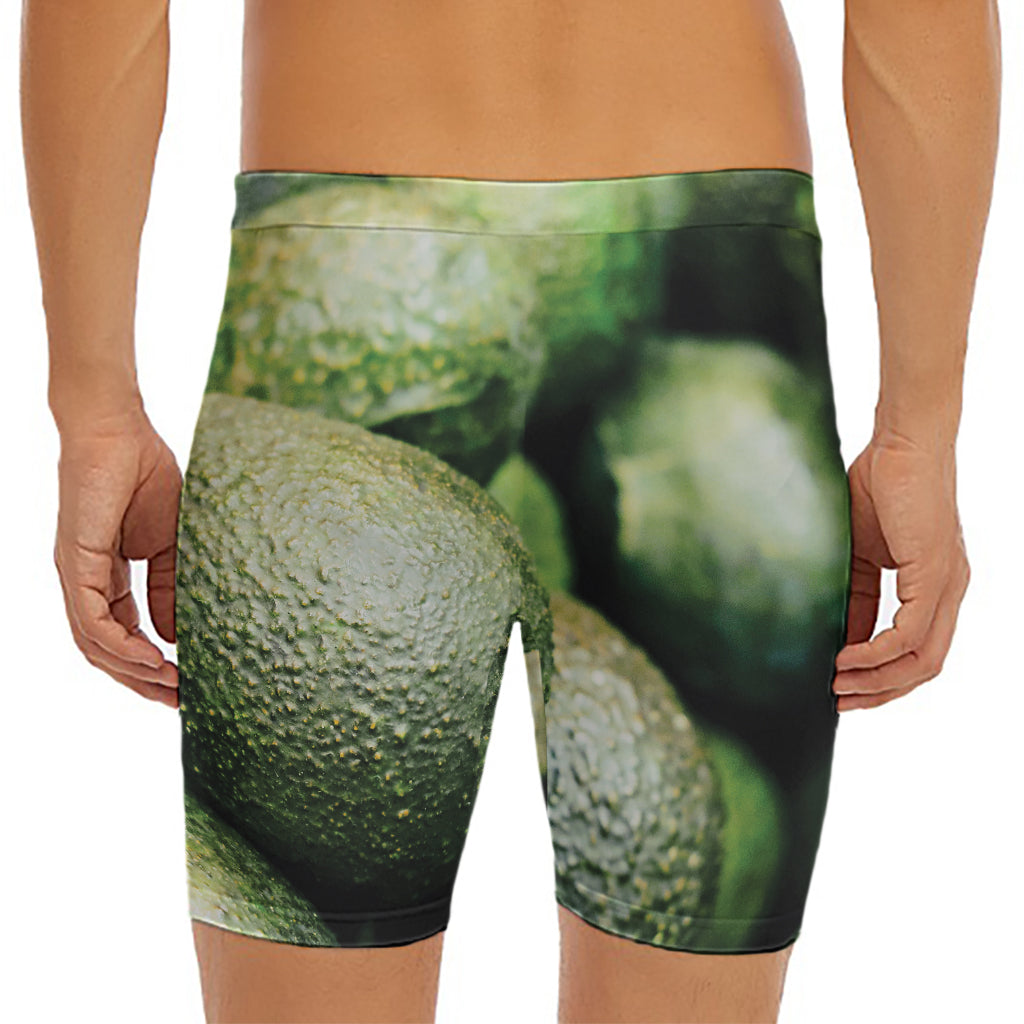 Green Avocado Print Men's Long Boxer Briefs