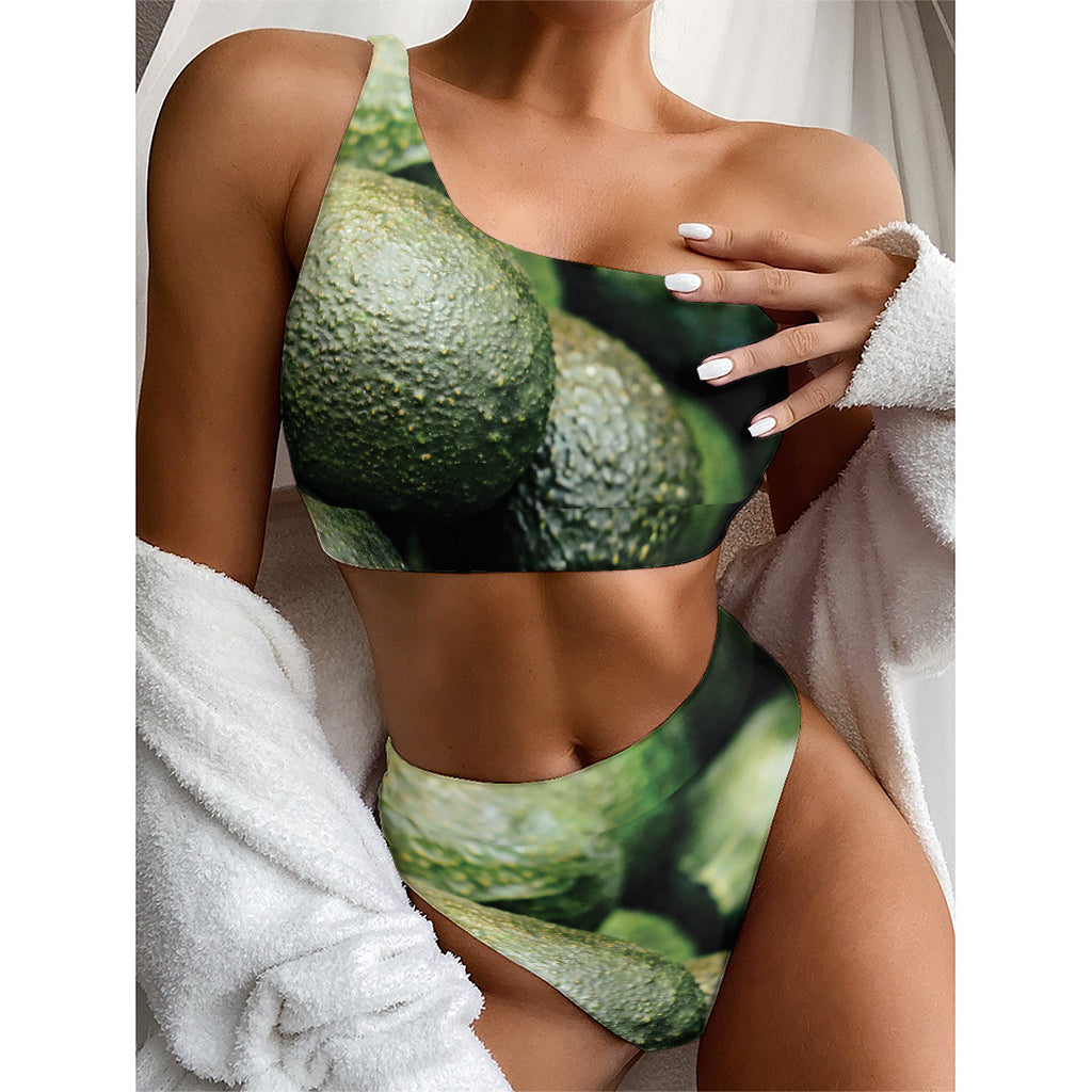 Green Avocado Print One Shoulder Bikini Top