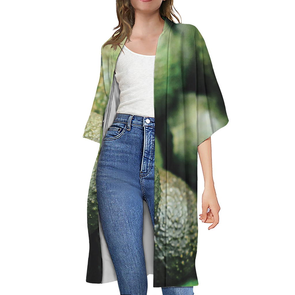 Green Avocado Print Open Front Beach Cover Up