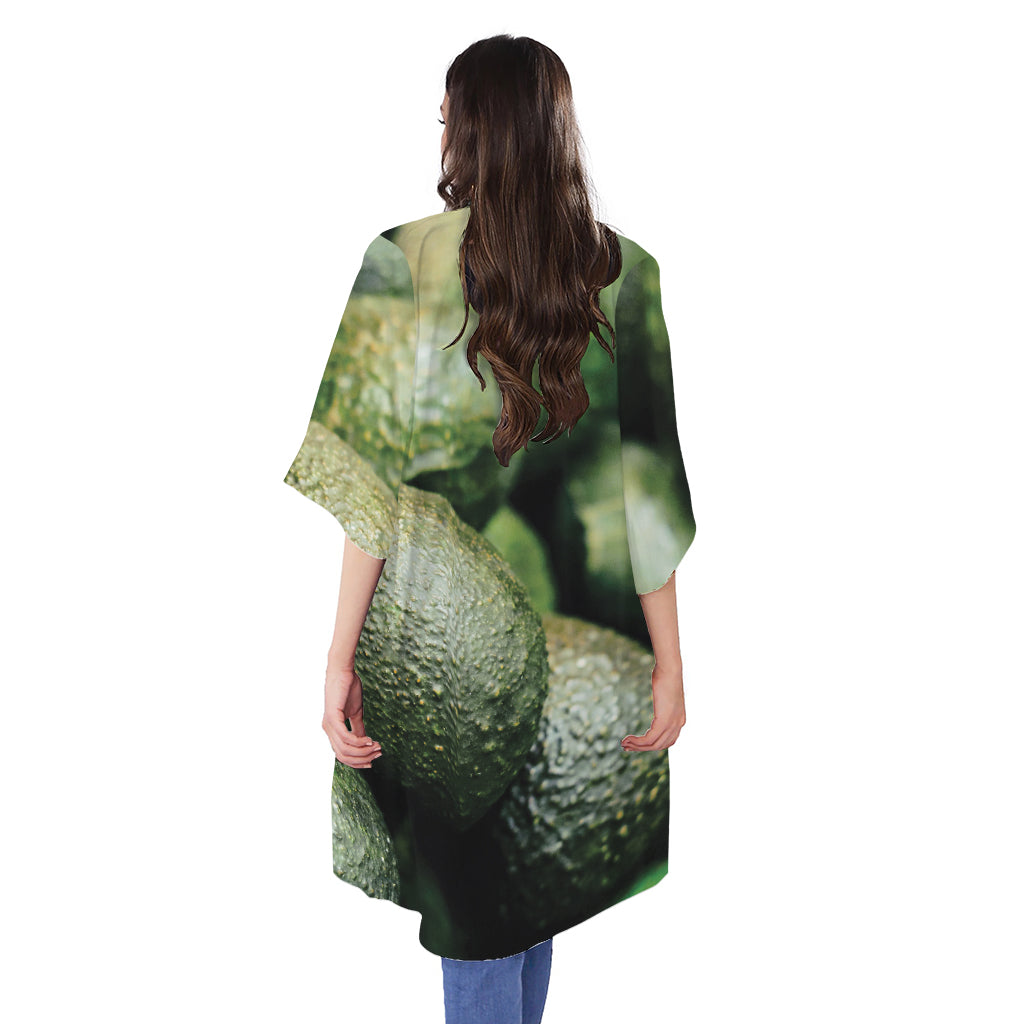 Green Avocado Print Open Front Beach Cover Up