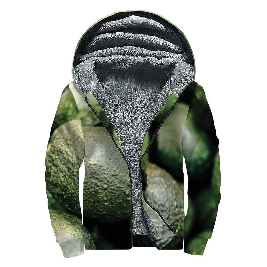 Green Avocado Print Sherpa Lined Zip Up Hoodie
