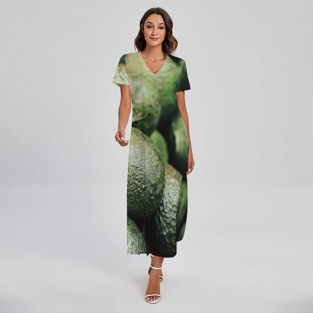 Green Avocado Print Short Sleeve Maxi Dress