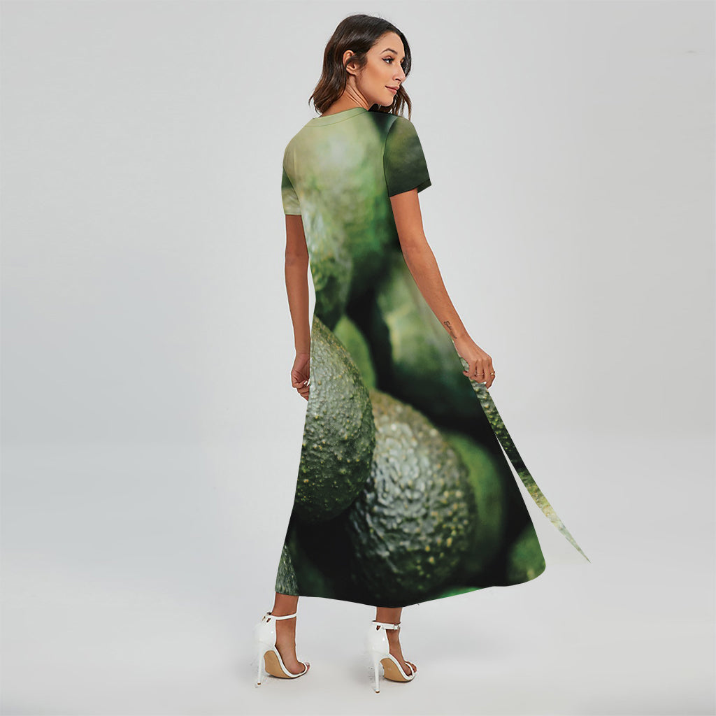 Green Avocado Print Short Sleeve Maxi Dress