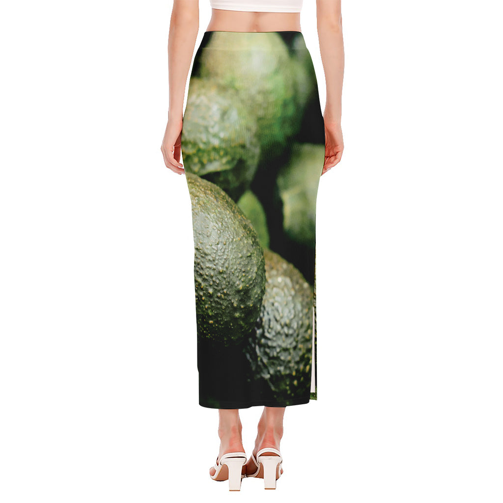 Green Avocado Print Side Slit Maxi Skirt