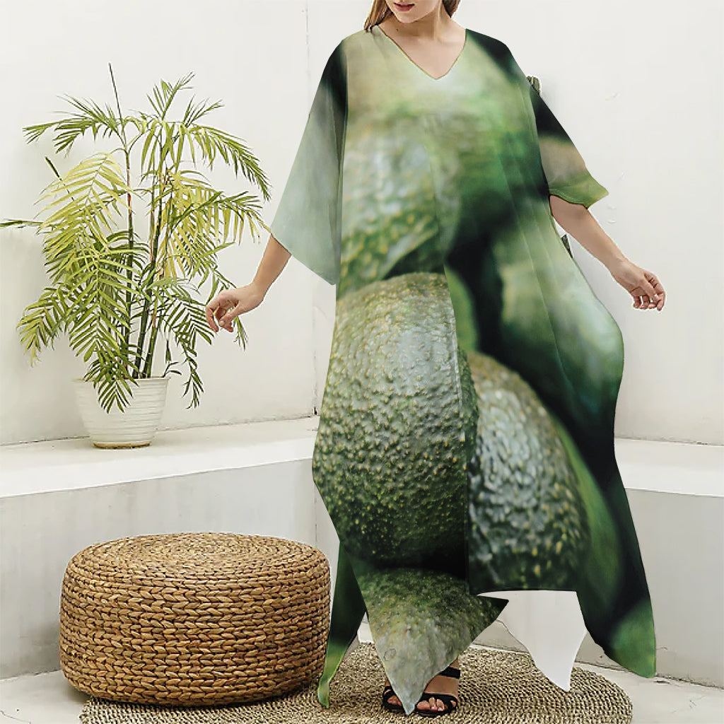 Green Avocado Print Silk V-Neck Kaftan Dress