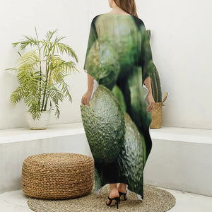 Green Avocado Print Silk V-Neck Kaftan Dress