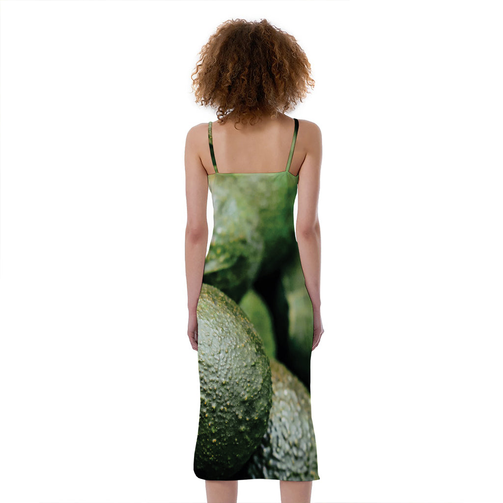 Green Avocado Print Slim Fit Midi Cami Dress