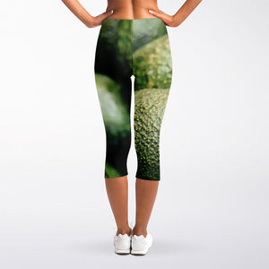 Green Avocado Print Women's Capri Leggings