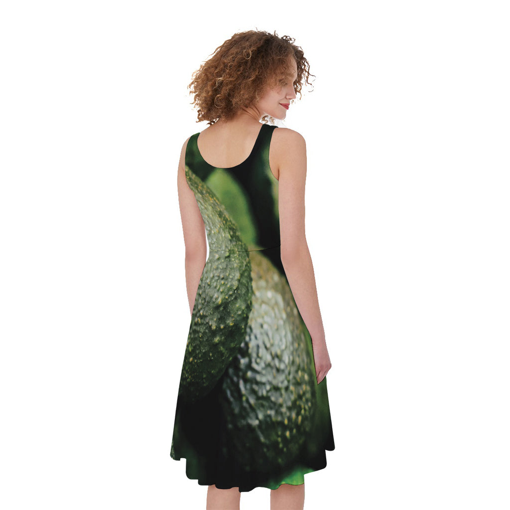 Green Avocado Print Women's Sleeveless Dress