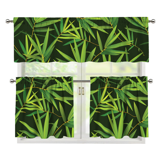 Green Bamboo Leaf Pattern Print 3 Piece Kitchen Curtains