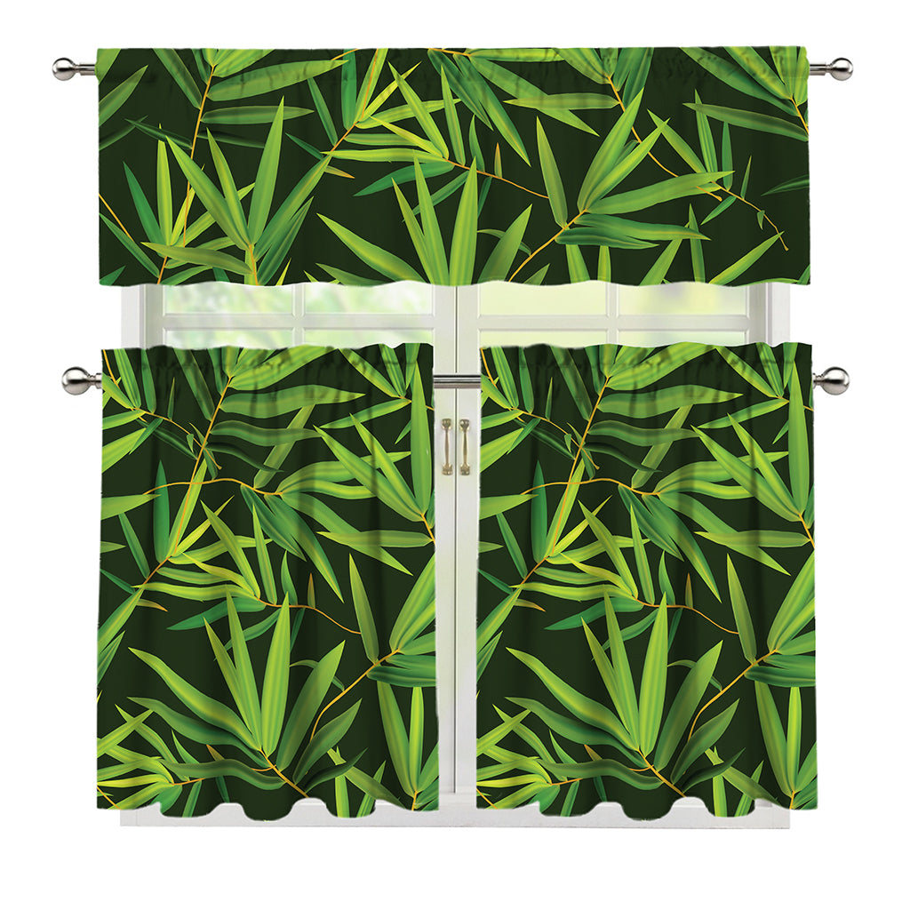 Green Bamboo Leaf Pattern Print 3 Piece Kitchen Curtains