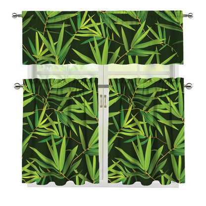 Green Bamboo Leaf Pattern Print 3 Piece Kitchen Curtains