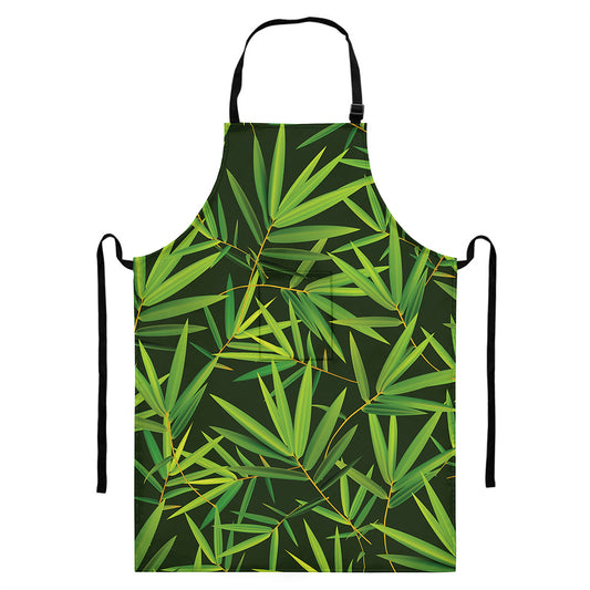 Green Bamboo Leaf Pattern Print Bib Apron With Pocket