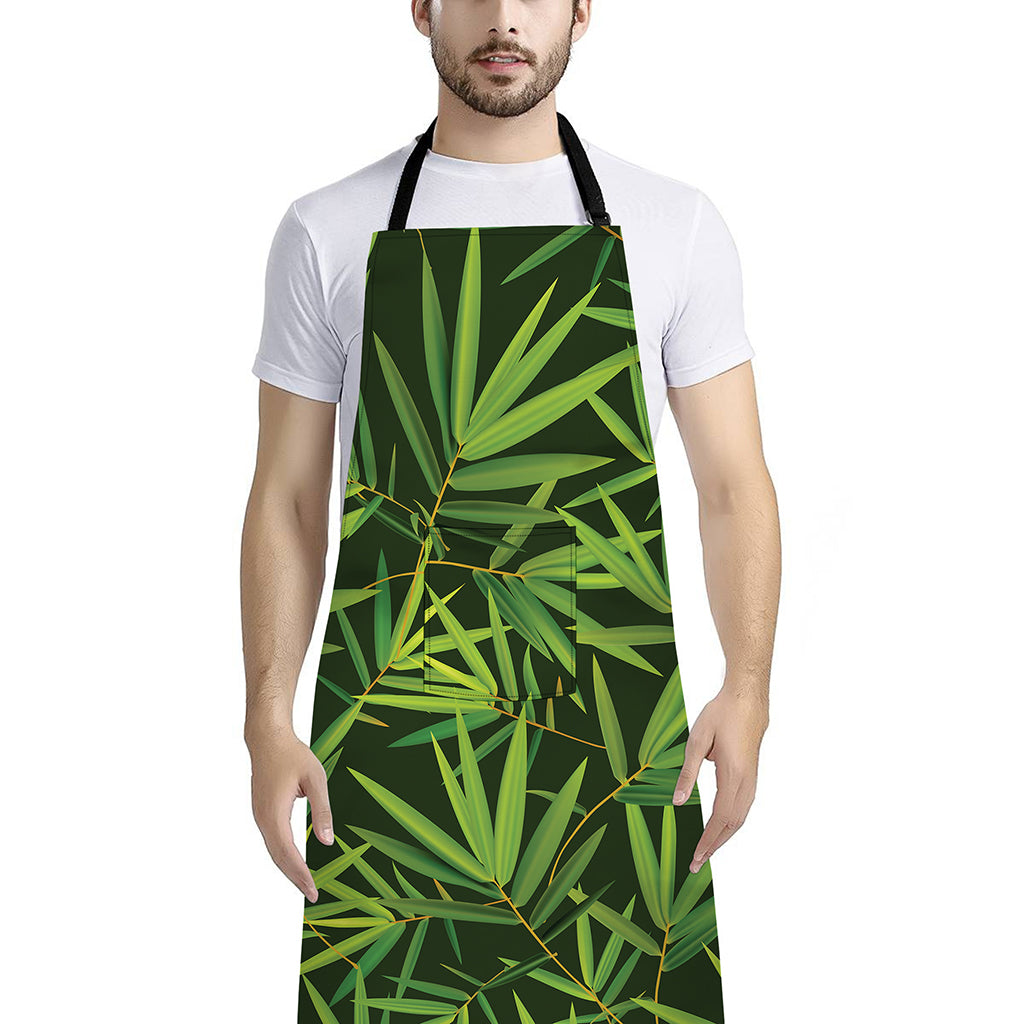 Green Bamboo Leaf Pattern Print Bib Apron With Pocket