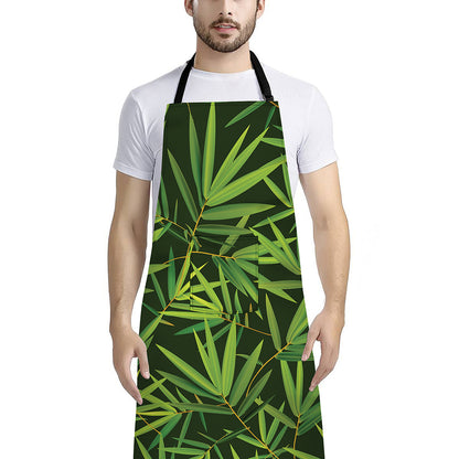Green Bamboo Leaf Pattern Print Bib Apron With Pocket