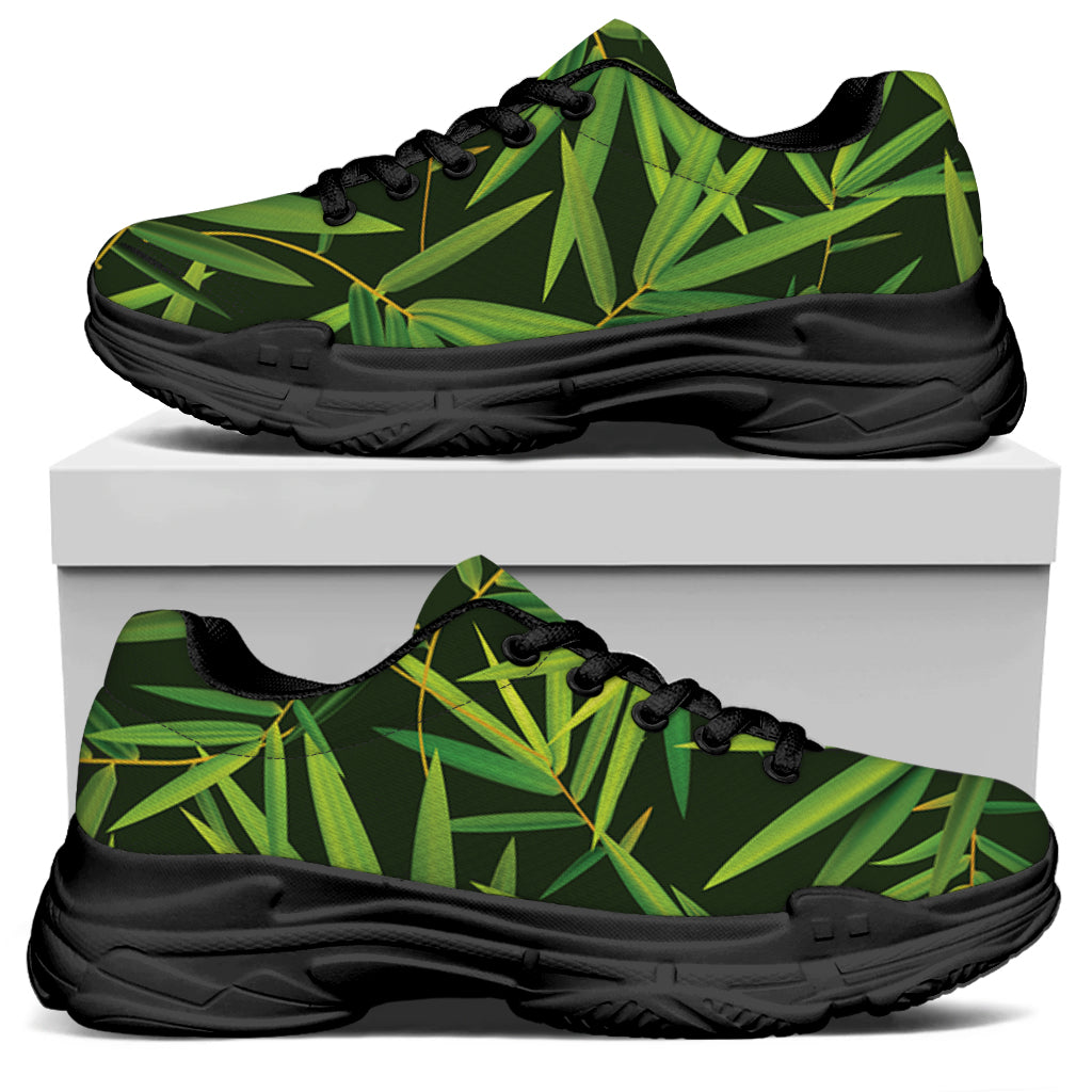 Green Bamboo Leaf Pattern Print Black Chunky Shoes