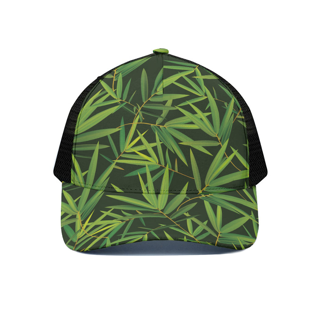 Green Bamboo Leaf Pattern Print Black Mesh Trucker Cap