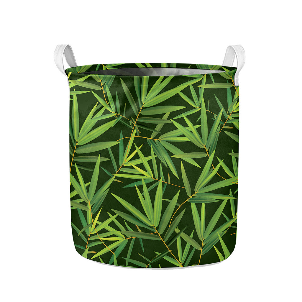 Green Bamboo Leaf Pattern Print Collapsible Laundry Basket