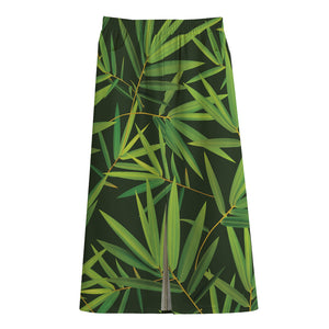 Green Bamboo Leaf Pattern Print Cotton Front Slit Maxi Skirt