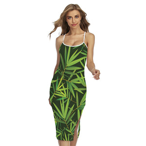 Green Bamboo Leaf Pattern Print Cross Back Cami Dress