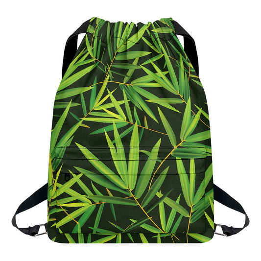 Green Bamboo Leaf Pattern Print Drawstring Backpack