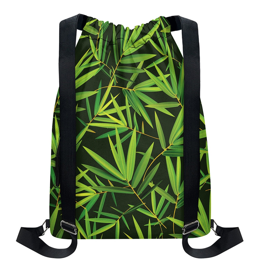 Green Bamboo Leaf Pattern Print Drawstring Backpack