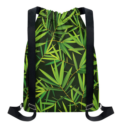 Green Bamboo Leaf Pattern Print Drawstring Backpack