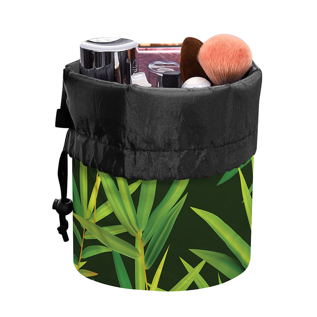 Green Bamboo Leaf Pattern Print Drawstring Makeup Bag