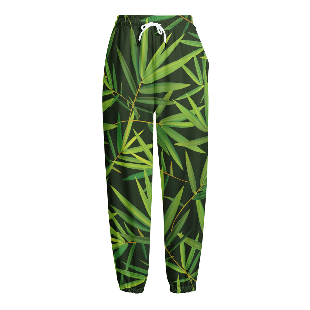 Green Bamboo Leaf Pattern Print Fleece Lined Knit Pants