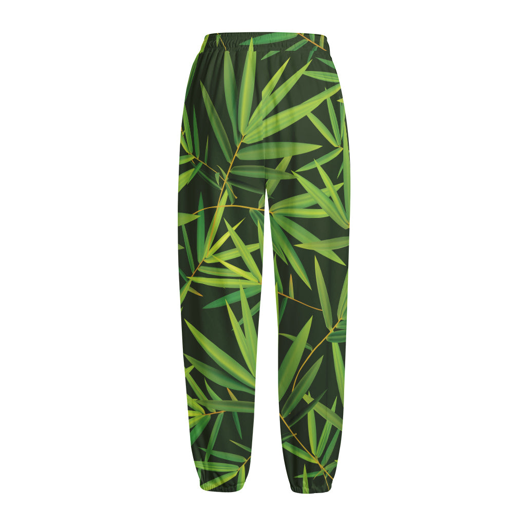 Green Bamboo Leaf Pattern Print Fleece Lined Knit Pants