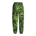 Green Bamboo Leaf Pattern Print Fleece Lined Knit Pants